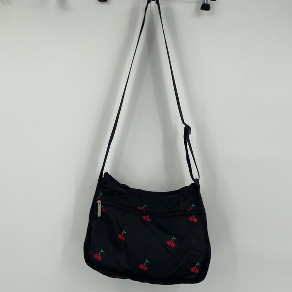 LeSportsac HTF Red Cherries Embroidered Shoulder Bag Purse Clean Black - Picture 3 of 10